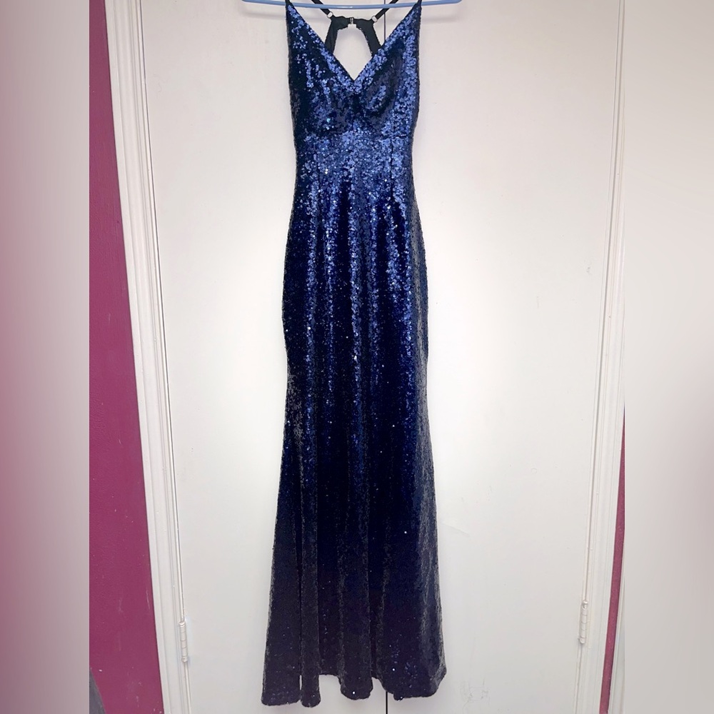 Morgan & Co. Navy Sequin Backless Prom Dress